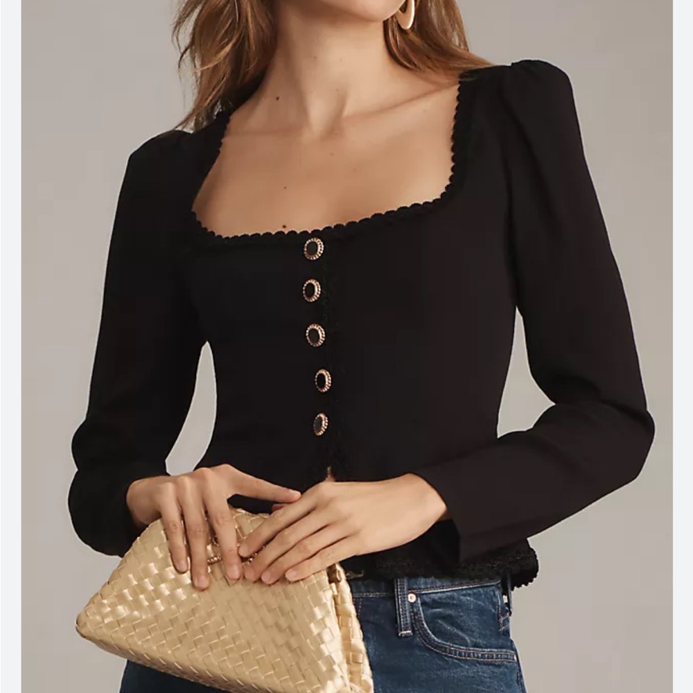 Reformation Black Square Neck Button-Front Blouse